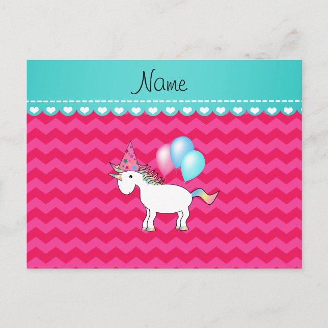 Custom name birthday unicorn hot pink chevrons postcard (Front)