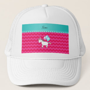 Custom name birthday unicorn hot pink chevrons trucker hat
