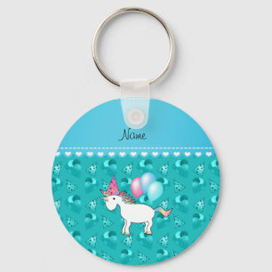 Custom name birthday unicorn turquoise party hats key ring