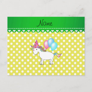 Custom name birthday unicorn yellow dots postcard
