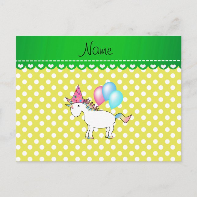 Custom name birthday unicorn yellow dots postcard (Front)