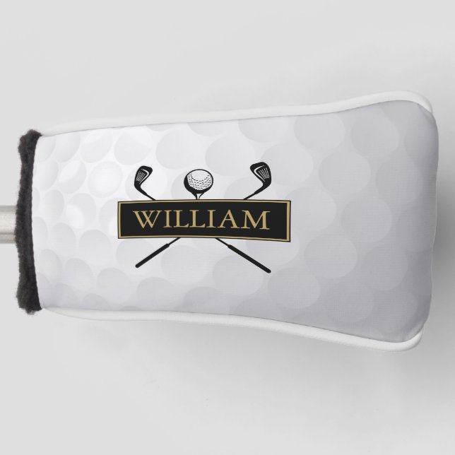 Custom Name Black And Gold Clubs And Ball Golf Head Cover (Front)
