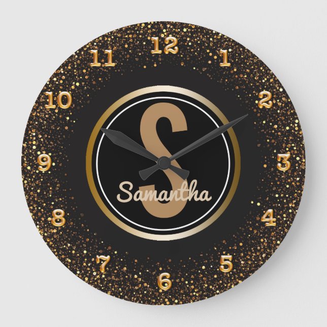 Custom Name Black and Gold Faux Glitter Large Clock (Front)