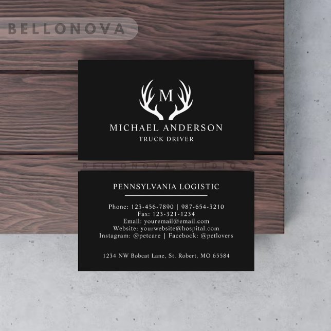 Custom Name Black And White Deer Antler Monogram Business Card (Custom Name Black And White Deer Antler Monogram Business Card)
