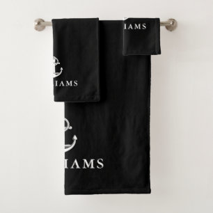 Custom Name Black And White Nautical Boat Anchor Bath Towel Set
