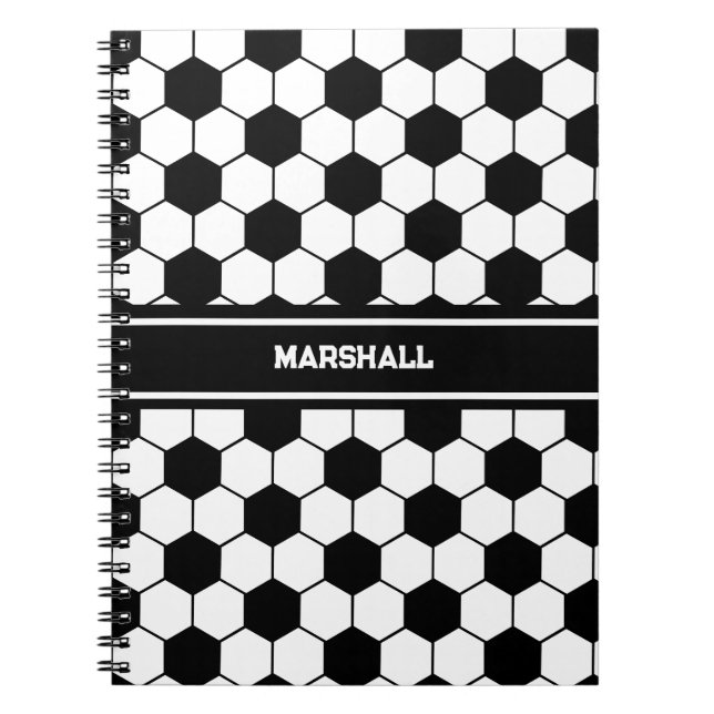 Custom name Black and white Soccer ball pattern Notebook (Front)