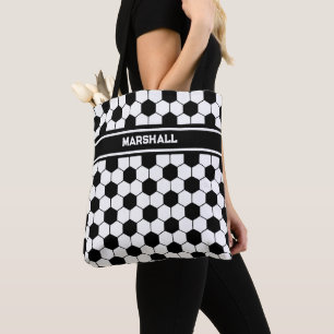 Custom name Black and white Soccer ball pattern Tote Bag