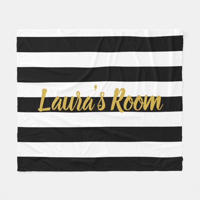 Custom Name Black and White Striped Fleece Blanket (Front (Horizontal))
