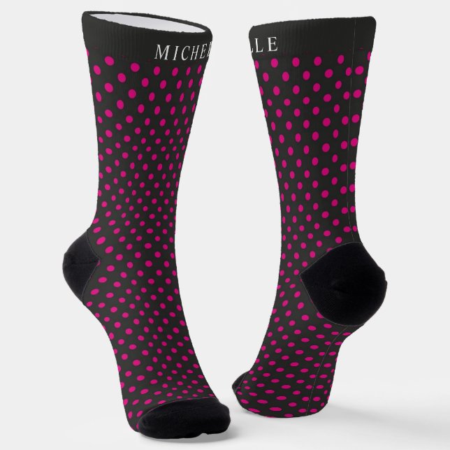 Custom Name Black Background Pink Polka Dot Socks (Angled)