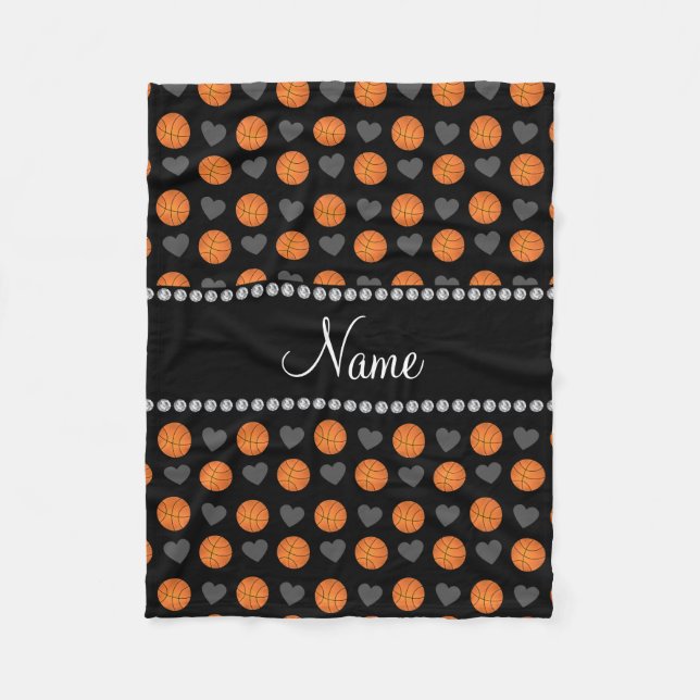 Custom name black basketballs and hearts fleece blanket (Front)