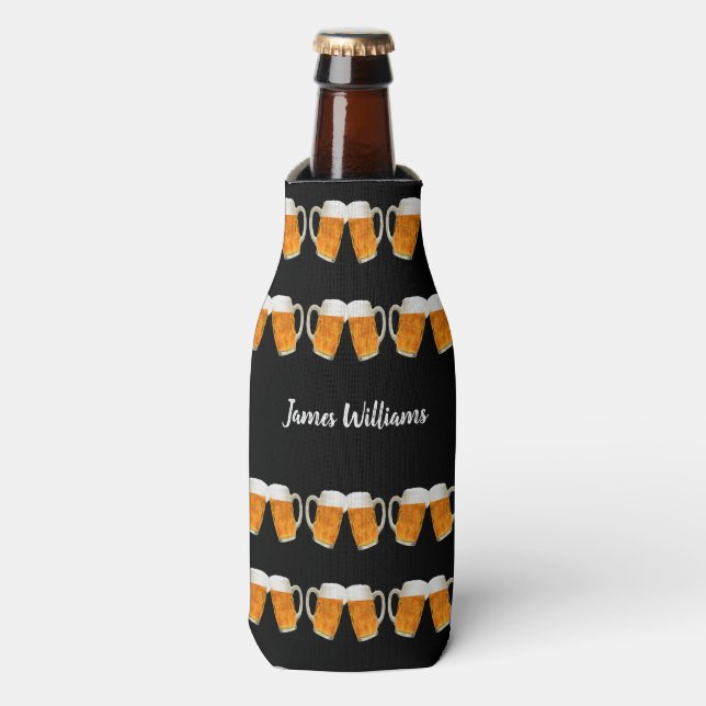 Custom Name Black Beer Pattern Personalised Bottle Cooler (Bottle Front)