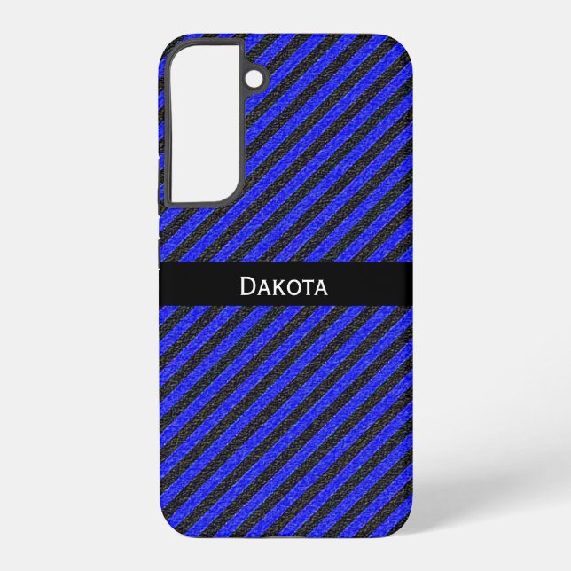 Custom Name Black & Blue Textured Diagonal Stripes Samsung Galaxy S22+ Case (Back)