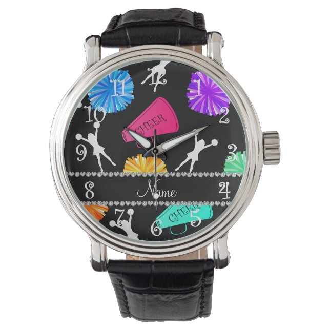 Custom name black cheerleading pompoms watch (Front)