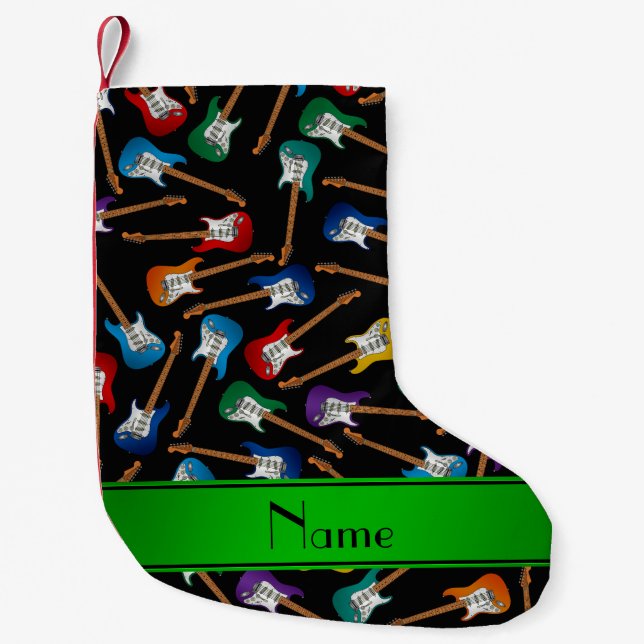 Custom name black colourful electric guitars small christmas stocking (Front)