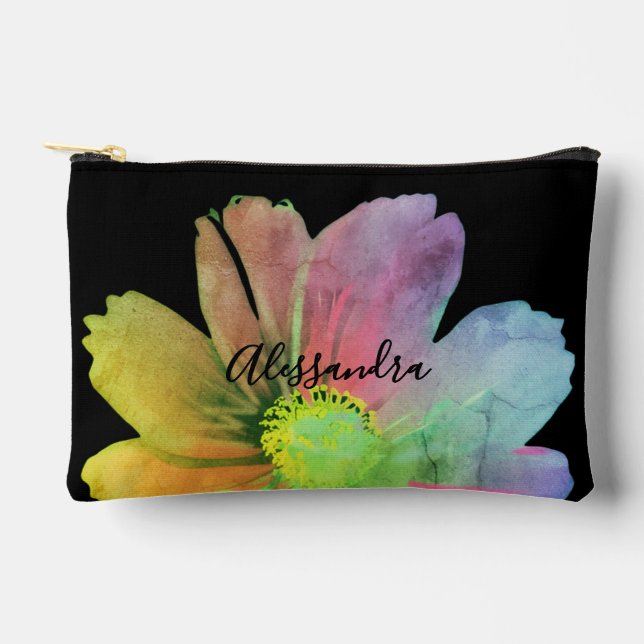 Custom Name Black Colourful Watercolor Wildflower  Accessory Pouch (Front)