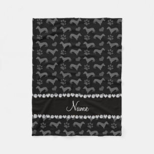 Custom name black dachshunds hearts paws fleece blanket
