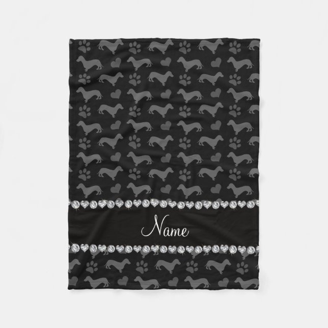 Custom name black dachshunds hearts paws fleece blanket (Front)