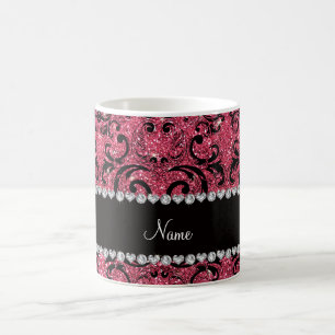 Custom name black fuchsia pink glitter damask coffee mug