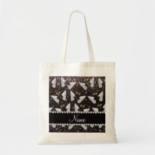 Custom name black glitter angel wings tote bag