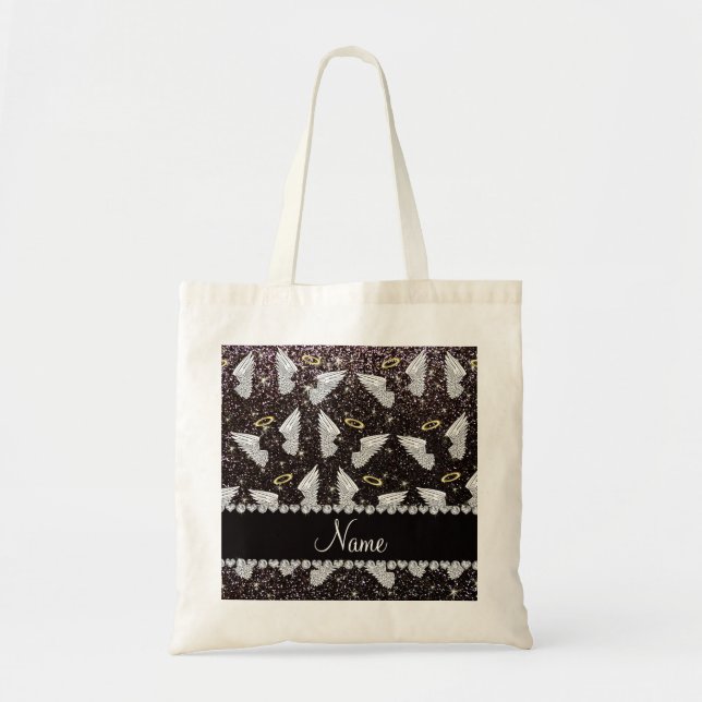 Custom name black glitter angel wings tote bag (Front)