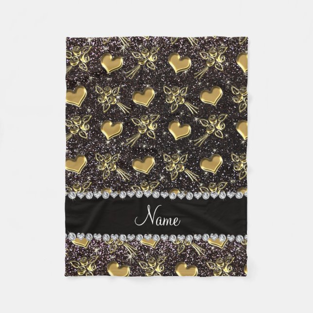 Custom name black glitter gold roses hearts fleece blanket (Front)