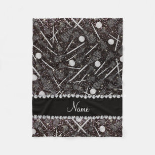Custom name black glitter lacrosse sticks fleece blanket