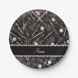 Custom name black glitter lacrosse sticks paper plate
