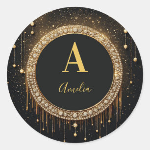 Custom Name Black Glitter Monogram Letter Classic Round Sticker