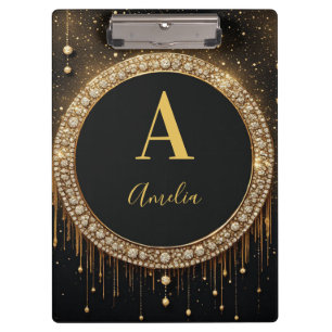 Custom Name Black Glitter Monogram Letter Clipboard