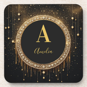 Custom Name Black Glitter Monogram Letter Coaster
