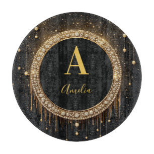 Custom Name Black Glitter Monogram Letter Cutting Board