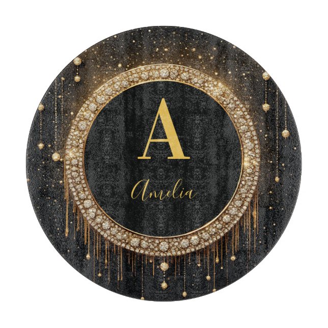 Custom Name Black Glitter Monogram Letter Cutting Board (Front)