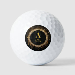 Custom Name Black Glitter Monogram Letter Golf Balls