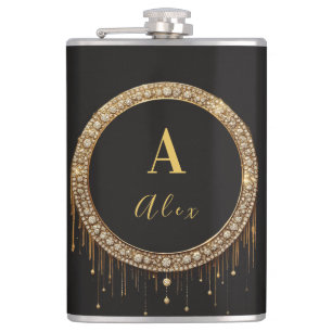 Custom Name Black Glitter Monogram Letter Hip Flask