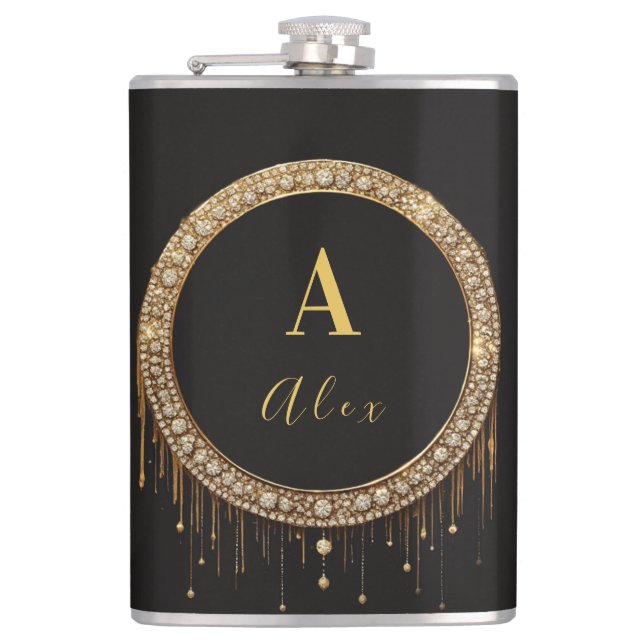 Custom Name Black Glitter Monogram Letter Hip Flask (Front)