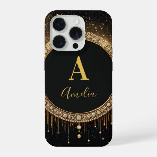 Custom Name Black Glitter Monogram Letter iPhone 15 Pro Case