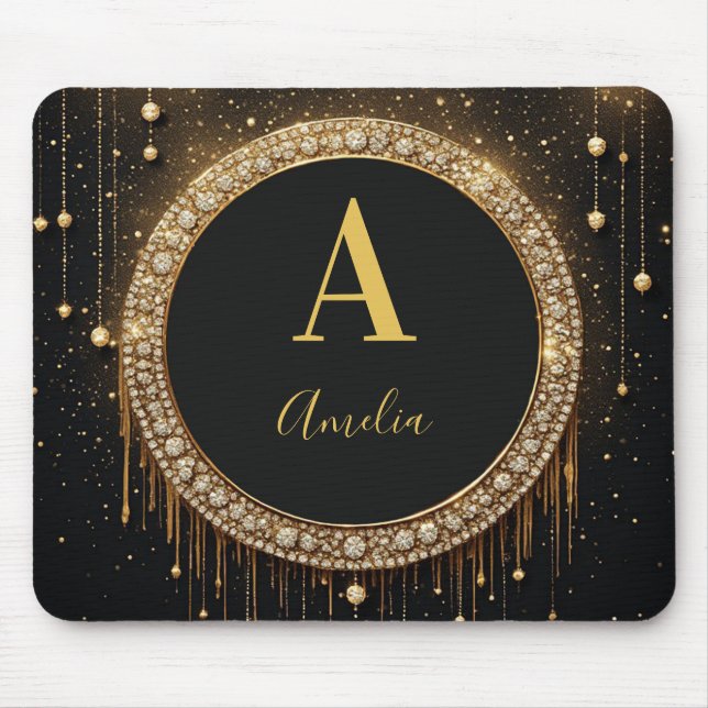 Custom Name Black Glitter Monogram Letter Mouse Mat (Front)