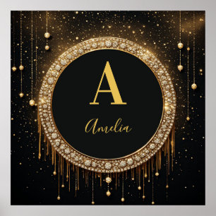 Custom Name Black Glitter Monogram Letter Poster