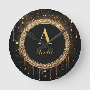 Custom Name Black Glitter Monogram Letter Round Clock