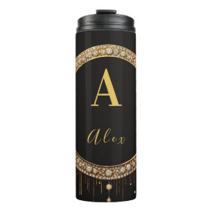 Custom Name Black Glitter Monogram Letter Thermal Tumbler
