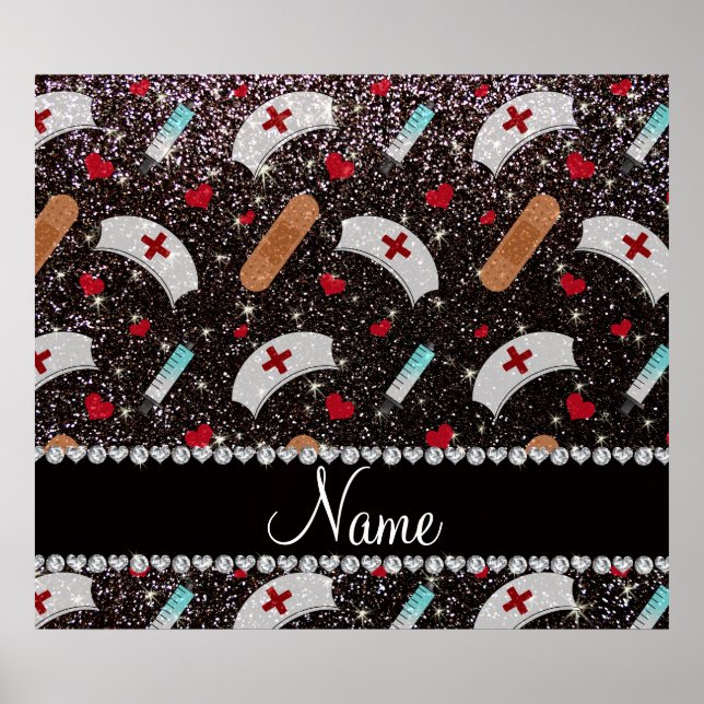 Custom name black glitter nurse hats heart poster (Front)