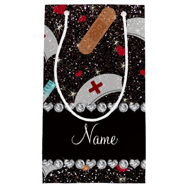 Custom name black glitter nurse hats heart small gift bag (Front)
