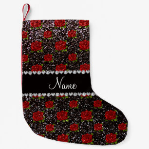 Custom name black glitter roses small christmas stocking