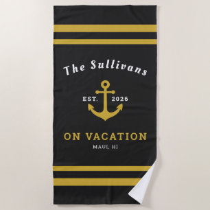 Custom Name Black Gold Anchor Family Vacation Beach Towel