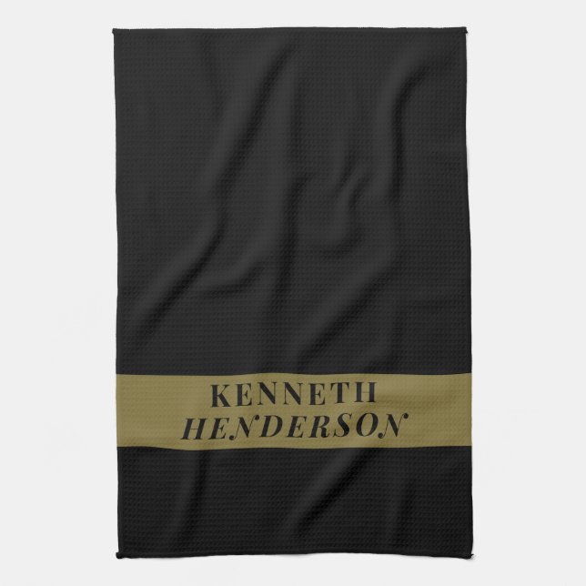 Custom Name Black Gold Modern Minimalist Men Chef Tea Towel (Vertical)