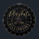 Custom Name Black Gold Playdate Script Minimalist Dartboard<br><div class="desc">Personalized dartboard with a family name for example. Simple minimalist minimal design with the customizable phrase quote saying Playdate at the family name. Premium neutral black and gold look with a combination of trendy handwriting script calligraphy and a modern clean sans serif font typography. Playing darts game at family and...</div>