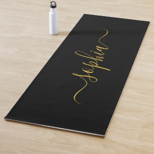 Custom Name Black Gold Yoga Mat Elegant Script
