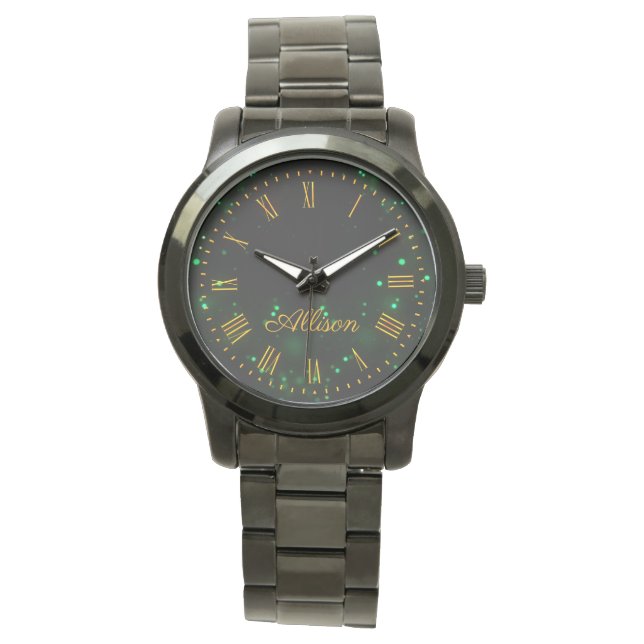 Custom Name Black Green Bokeh Lights Elegant Watch (Front)