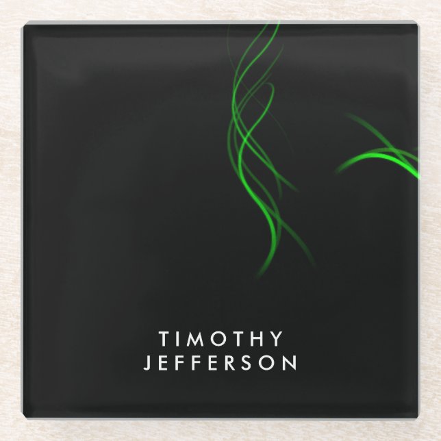 Custom Name Black Green Curves Elegant Modern Glass Coaster (Front)
