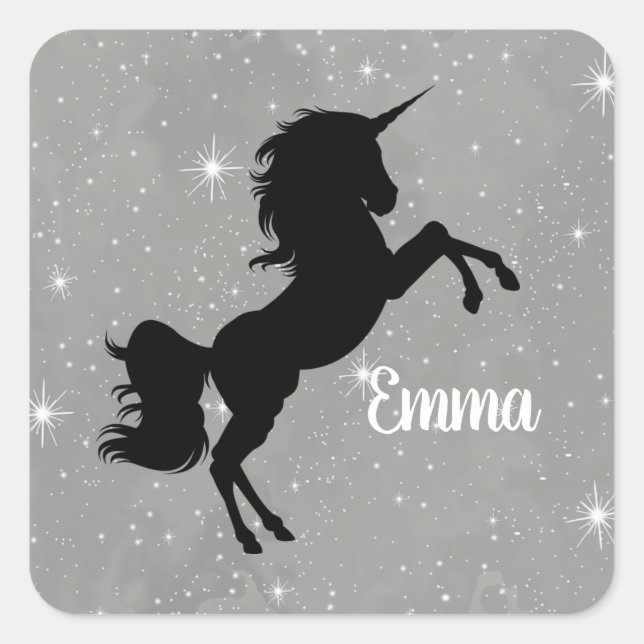 Custom Name Black/Grey Galaxy Star Unicorn Sticker (Front)